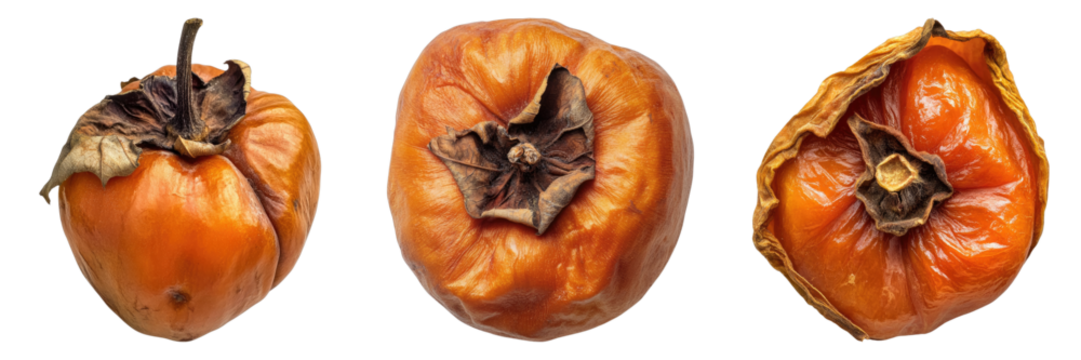 Three wrinkled persimmons showcase the passage of time and the beauty of imperfection. They are arranged, presenting varying degrees of age and character
