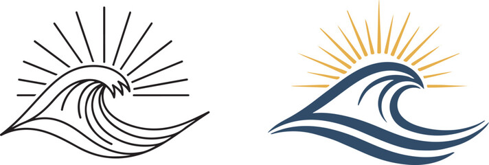Modern Abstract Wave and Sun Graphic Design in Line Art and Color