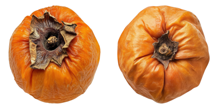 Two dried persimmons showcasing natural textures and rich colors. The image captures the unique appearance of this delicious fruit