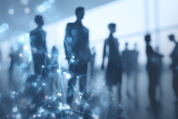 Silhouettes of business people overlaid with a digital network graphic.