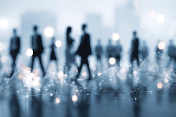 Blurred business people silhouettes with abstract network overlay