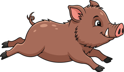Cartoon wild boar running with cheerful expression, vector illustration for forest animal education, playful character design, and nature adventure concept