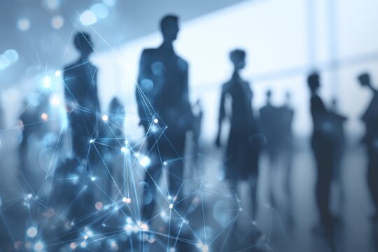 Silhouettes of business people overlaid with a digital network graphic. - Powered by Adobe