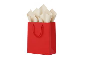 Red gift bag with white tissue paper, a stylish and festive way to present presents, perfect for christmas, birthdays, and special occasions isolated on transparent background