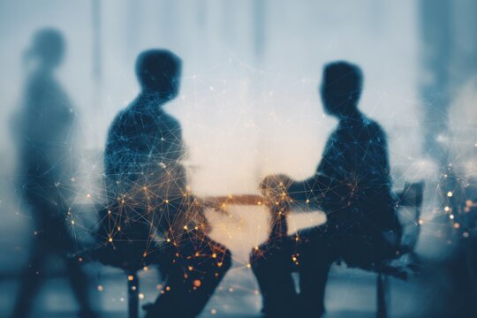 Silhouettes of people overlaid with a digital network graphic.