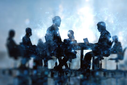 Silhouettes of people meeting overlaid with digital network graphics.
