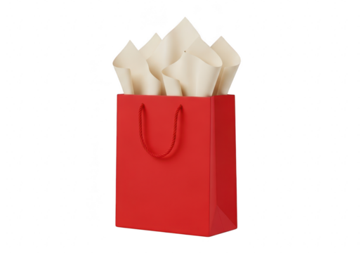 Red gift bag with white tissue paper, a stylish and festive way to present presents, perfect for christmas, birthdays, and special occasions isolated on transparent background - Powered by Adobe