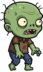 Cartoon zombie with green skin and torn clothes, vector illustration for Halloween, horror character, and undead creature concept