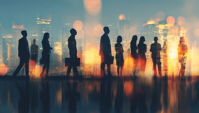 Silhouettes of business people against a blurred city lights background.
