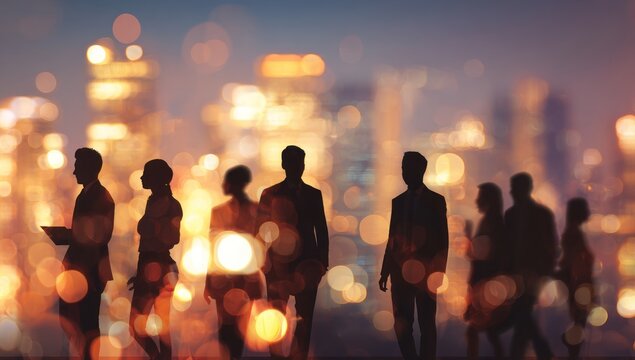 Silhouettes of business people against a vibrant city bokeh background.