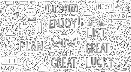 Obraz premium Doodle Style Words with Hearts, Stars, Clouds, Crowns Transparent Background