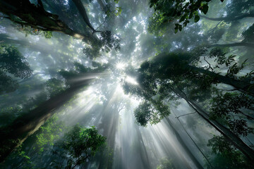 serene woodland canopy with sunlight, vast treetop canopy illuminated by rays breaking through mist