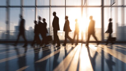 Silhouettes of business people walking past bright window light motion blur