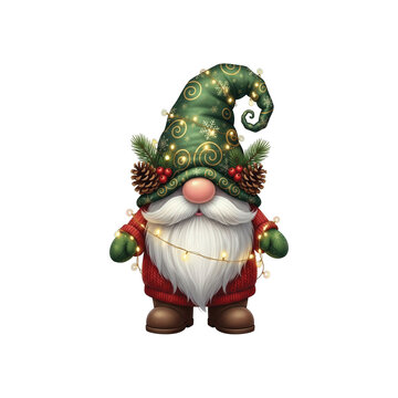 Adorable Christmas gnome illustration in high-quality PNG format with transparent background. This cute Scandinavian holiday gnome features a red knitted hat decorated with holly leaves, red berries, 