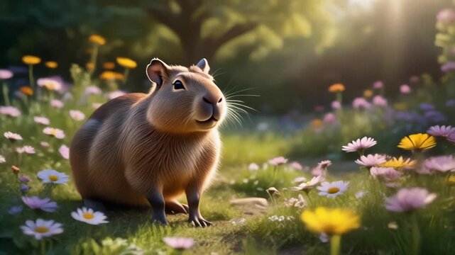 Cute capybara in the garden full of springtime flowers in sunshine.