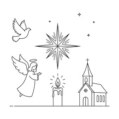 Naklejka premium Christmas star with angel and dove line art vector illustration