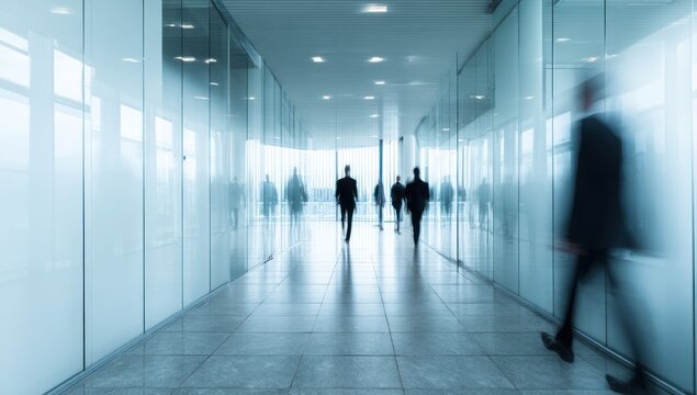 Motion blurred business people walk through a modern bright glass corridor.