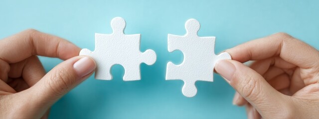 Hands holding two white puzzle pieces against a blue background.