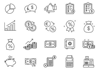 Modern financial icons convey concepts like growth, savings, investment, and transactions for business success.