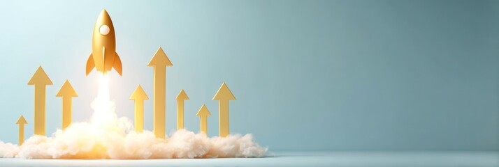 Golden rocket launching past upward pointing arrows and smoke.