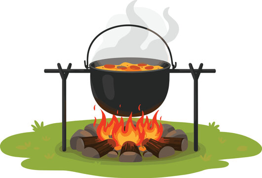 Cauldron cooking stew over open fire outdoors, vector illustration for camping lifestyle, outdoor culinary themes, and editorial survival content