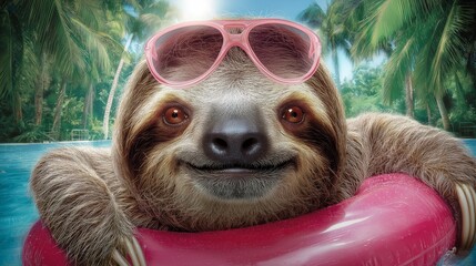 cute sloth swim with swim tube wearing pink sunglasses at tropical pond smile with calm 