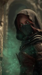 fantasy character a female assassin with poison green cloud surround her 