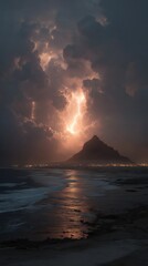 sparkle lightning cross the sky at night over ocean and mountain 