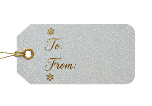 Elegant silver glitter gift tag with gold accents, perfect for adding a touch of sparkle to your presents, space for personalized message isolated on transparent background