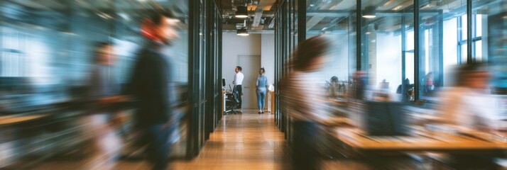 Busy office interior hallway with motion blur effect on people