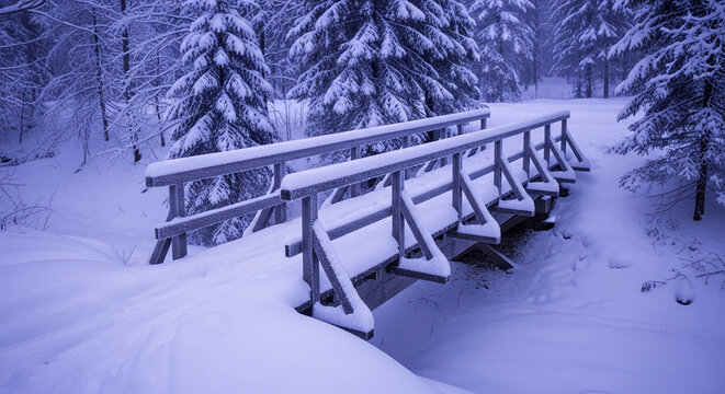 Wooden bridge covered in snow in winter forest landscape. It represents journey, connection with nature, and serene peaceful environment. - Powered by Adobe