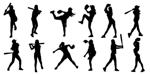 Fototapeta premium Set of silhouettes of people playing baseball