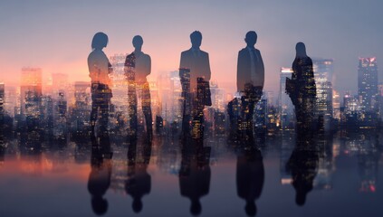 Business people silhouettes double exposed over glowing city skyline at dusk