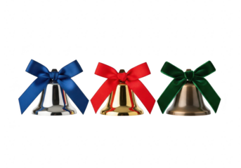 Three decorative christmas bells with colorful bows, perfect for holiday decorations and festive accents isolated on transparent background
