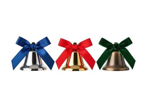 Three decorative christmas bells with colorful bows, perfect for holiday decorations and festive accents isolated on transparent background - Powered by Adobe