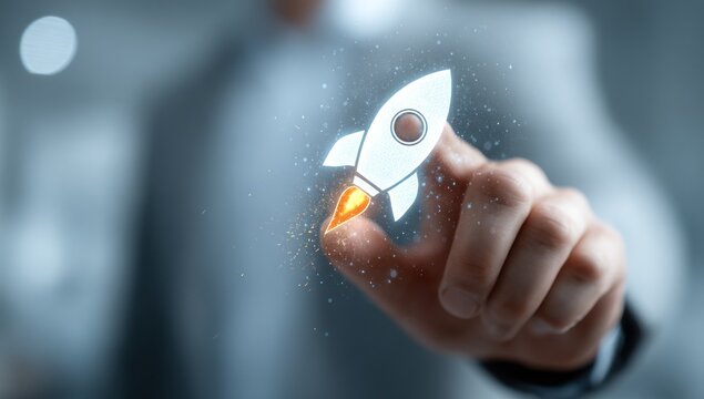 Finger touches glowing digital rocket launching with sparks flying.