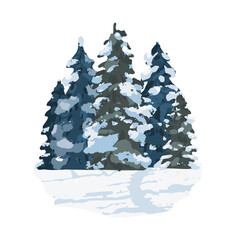 Vector illustration of a winter landscape with coniferous forest and snow. Snowy weather background