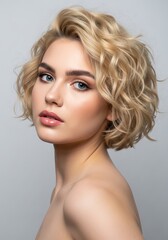 Portrait of a beautiful woman with blonde curly hair and blue eyes looking at the camera with a neutral expression against a grey background
