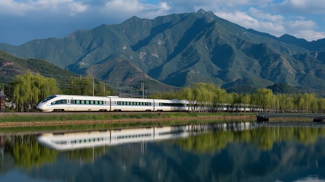 speed train passing by lake reflecting on it 