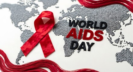 World aids day concept with red ribbon and text on world map background
