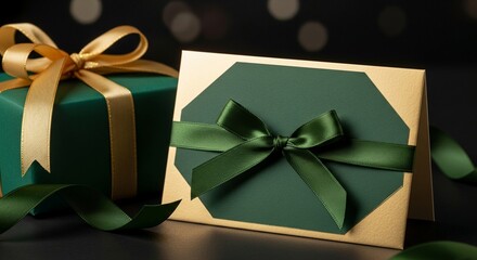 elegant emerald green and gold gift box with blank invitation card mockup