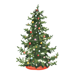 Vector vintage Christmas tree with glass ornaments, isolated on white background