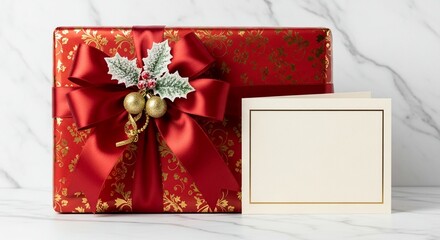 premium red and gold christmas gift and blank card mockup on white marble