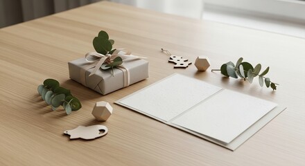 christmas gift and blank card with natural eucalyptus decor
