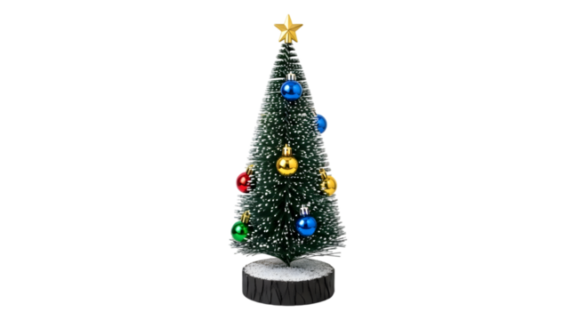 Small decorated christmas tree with ornaments and star on top