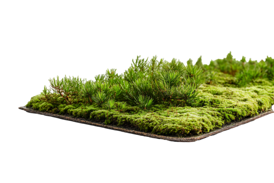 Flat sheet of forest moss isolated on a transparent background, showcasing layered surface 