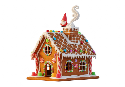 A charming gingerbread house, adorned with colorful candies and a whimsical gnome on the chimney, , evokes the magic of christmas and holiday cheer isolated on transparent background