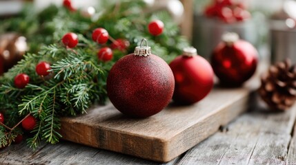 Fototapeta premium A small green tree with red berries sits on a table close to a fire pit, creating a cozy atmosphere as the sun sets