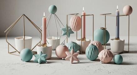 modern pastel christmas decor: pink and mint baubles, geometric candle holders