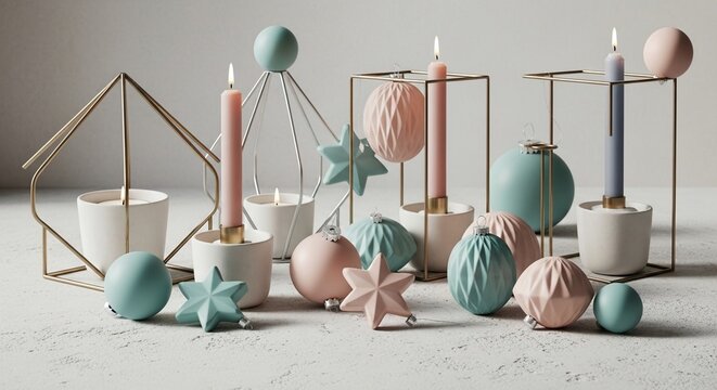 modern pastel christmas decor: pink and mint baubles, geometric candle holders